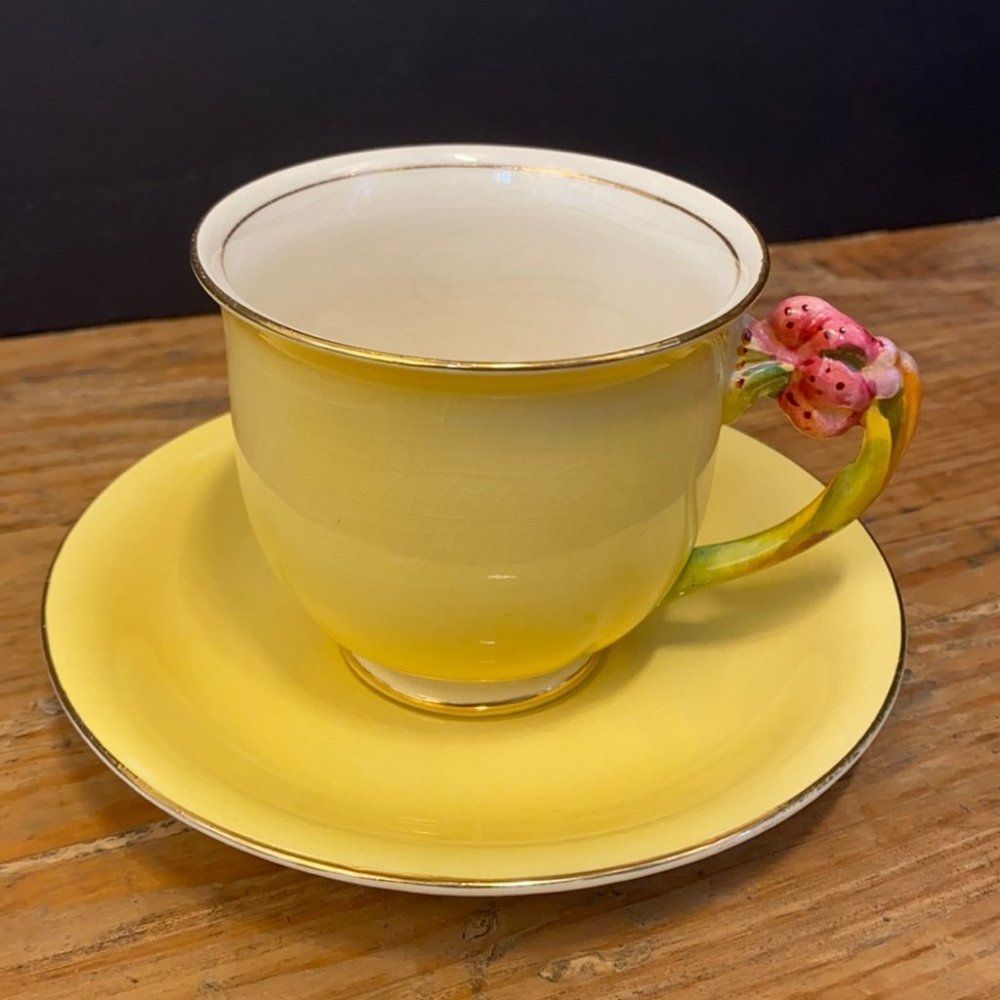 Yellow and Gold Gilt Royal Winston Bone China Tea Cup with flower handle